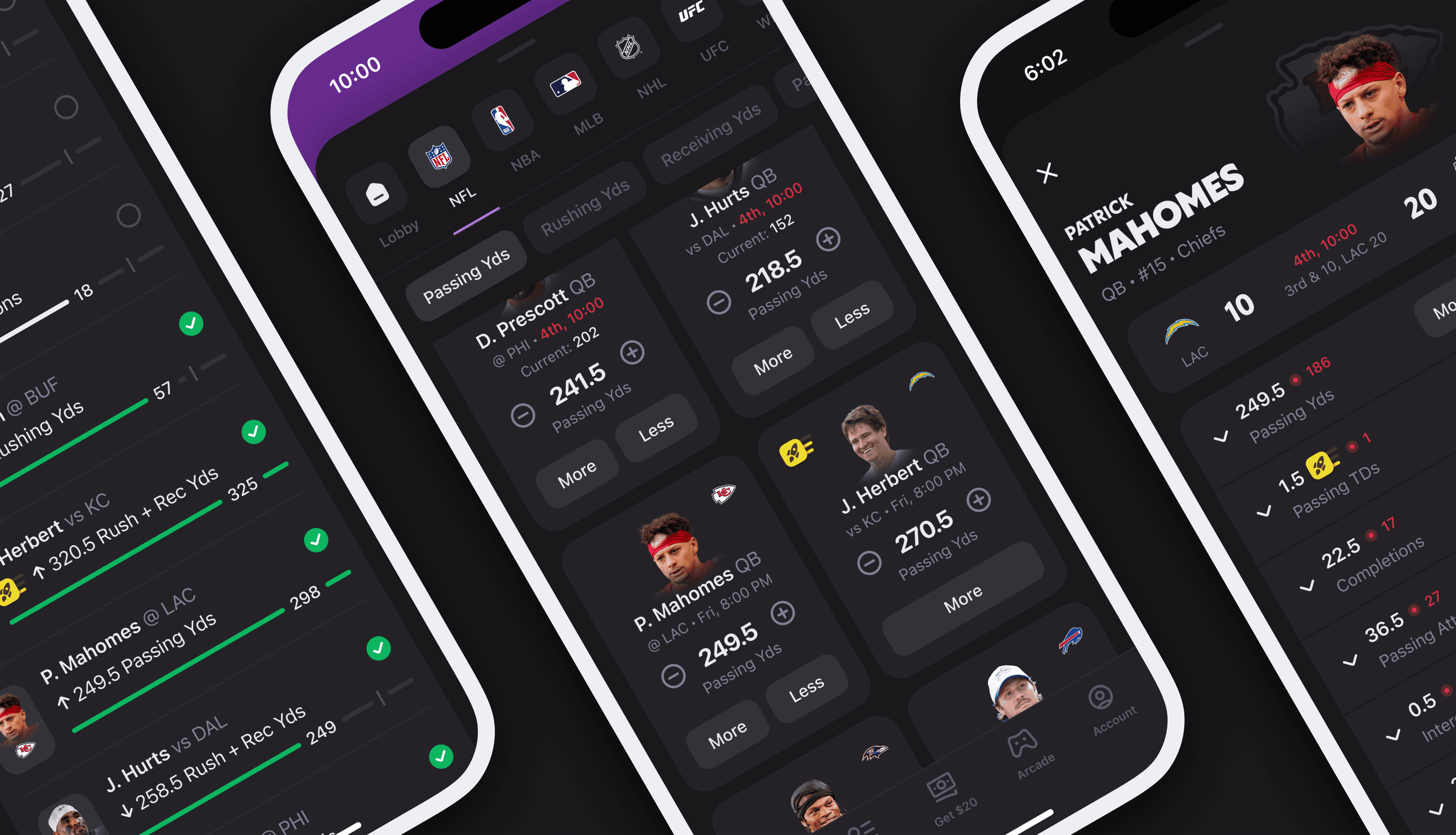 Arena app screens showing player picks and live game tracking